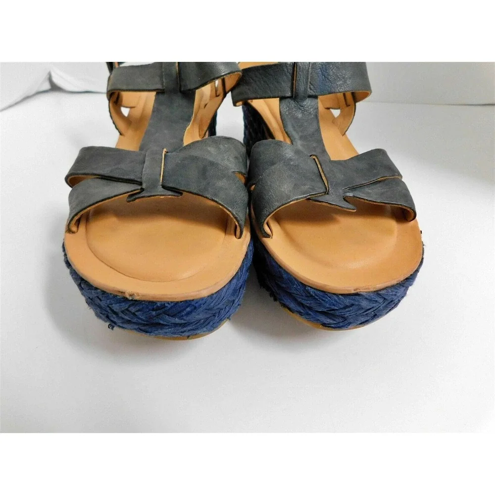 Kork-Ease Blue Leather Straw Espadrille Platform Wedge Heel 39‎